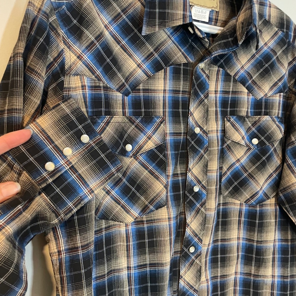 Wrangler Mens Western Pearl Snap Plaid Shirt Blue Tan Black WM219BK Medium - Picture 6 of 6